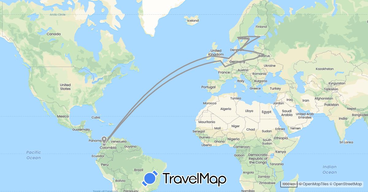 TravelMap itinerary: driving, plane in Belarus, Colombia, Denmark, Finland, France, United Kingdom, Ireland, Netherlands, Norway, Poland, Sweden (Europe, South America)